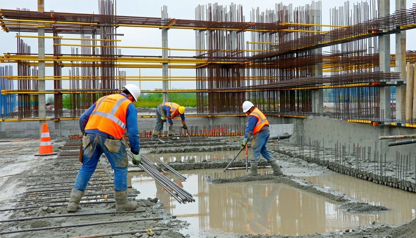 A construction site with workers reinforcing concr